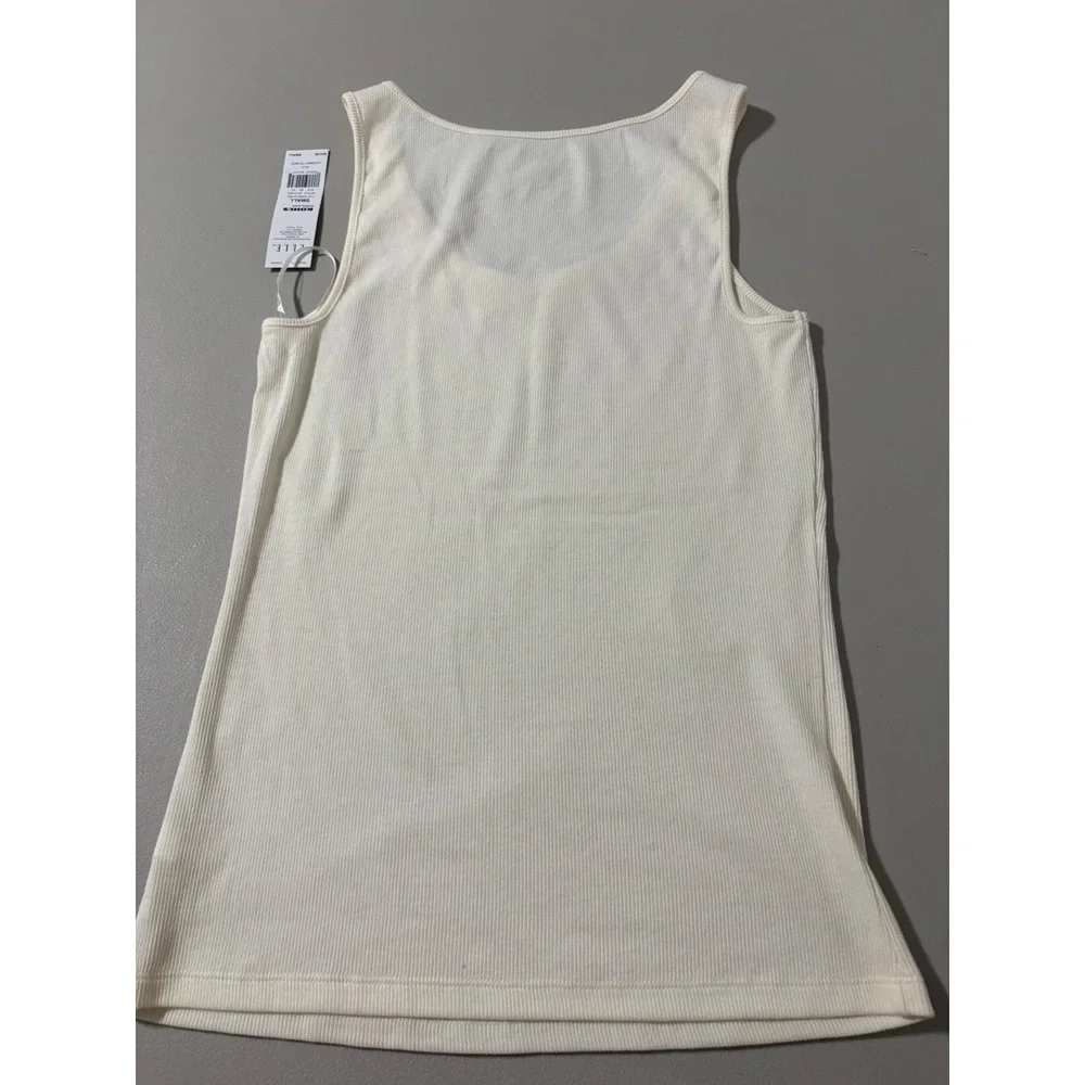 ELLE Cream Ribbed Tank‎ Top Ruffle Neck Sleeveless Basic Layering Top Small
